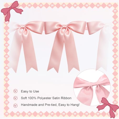 Image of 1 String of 8PCS Pink Bow Garland Banner Decoration,Pre-Strung Satin Ribbon Ornaments for Birthday,Bachelorette Party,Bridal Shower,Wedding,Engagement,Baby Shower,Graduation Decor,Anniversary