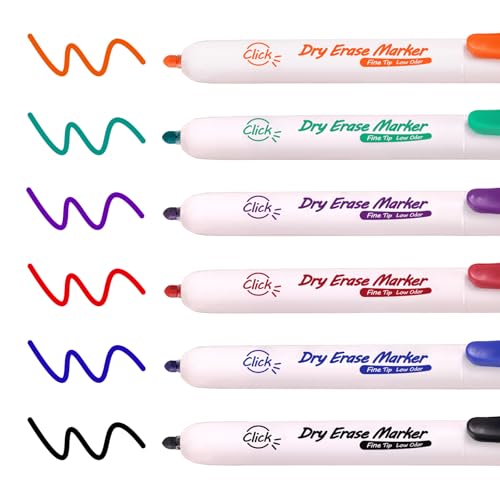 Image of WRITECH Retractable Dry Erase Markers: Fine Point Clickable Colored Ink Marker Low Odor Erasable Thin Tip Refillable Multicolor Whiteboard Marker Pen Set 6ct No Smear Bleed