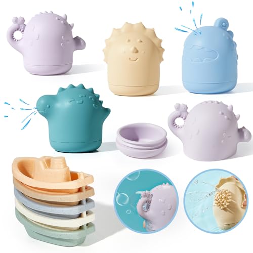 Image of AMCHSURI Baby Bath Toys | 9PCS Mold-Free Stacking Boats & Silicone Sensory Bath Play | Bathtub Toys for Babies 6-12M & Toddlers 1-3Y | Water Table Pool Toys Educational Learning Gift