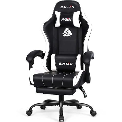 NEO CHAIR Video Gaming Chair with Footrest High Back Ergonomic Comfortable Office Computer Desk with Lumbar Support Height Adjustable with PU Leather Recliner for Adults Women Men (White)
