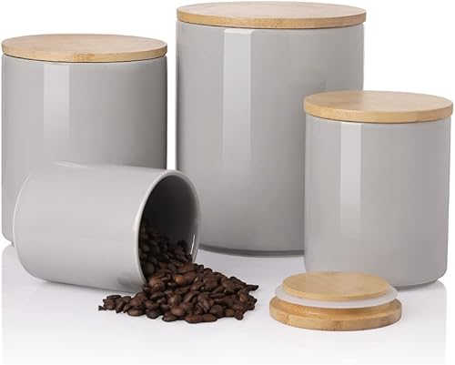 Sweejar Kitchen Canisters - Juego de tarros de cerámica para almacenamiento de alimentos, recipientes apilables con tapa de bambú hermética para