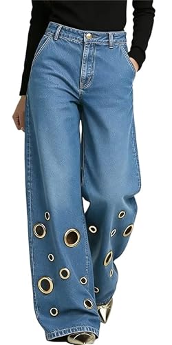 2026 Trendy Eyelet Cutout Grommet Washed Denim Pants, Women's High
