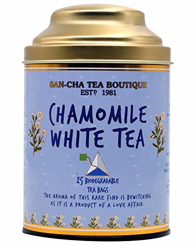 Image of Sancha Chamomile White Tea | 25 Pyramid Bags | Silver Needle & White Peony White Tea Blend | Antioxidant-Rich