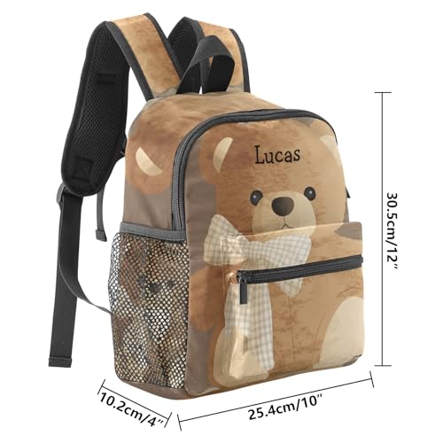 Brown Teddy Bear Bow Personalized Kids School Backpack for Boys Girls,Custom Name Mini Toddler Daypack Bags Kindergarten Bookbag, Design 3, KAR09213