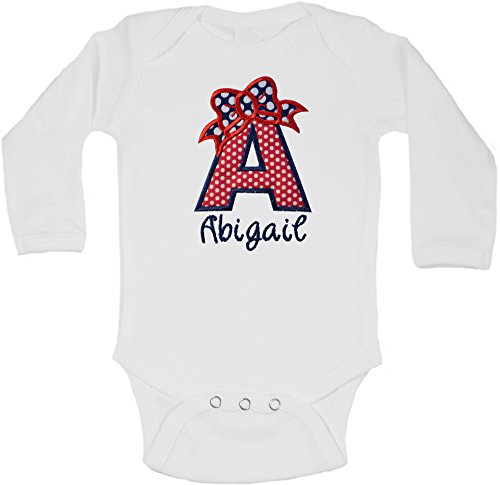 Baby Girl Personalized INITIAL Bodysuit Embroidered with Your Custom Name (0-3 Months - Long Sleeve, RED POLKA DOT)