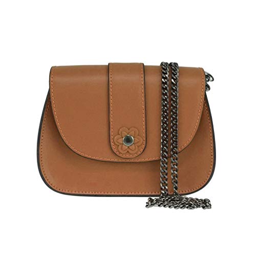 OBC Made in Italy Damen Leder Tasche Clutch mit Blume Applikation & Kette Umhängetasche Ledertasche Schultertasche Cross-Over Schmucktasche Nieten Messenger Bag (Leder-Cognac 19x13x8 cm)