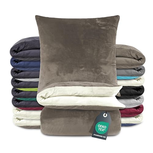 BaSaTex Winter Plüsch Bettwäsche Set Nicky-Teddy Cashmere-Touch Coral Fleece | 135x200 155x220 200x200 200x220 + 80x80 Kissenbezug | Größe: 135x200 | Farbe: Taupe Wollweiss