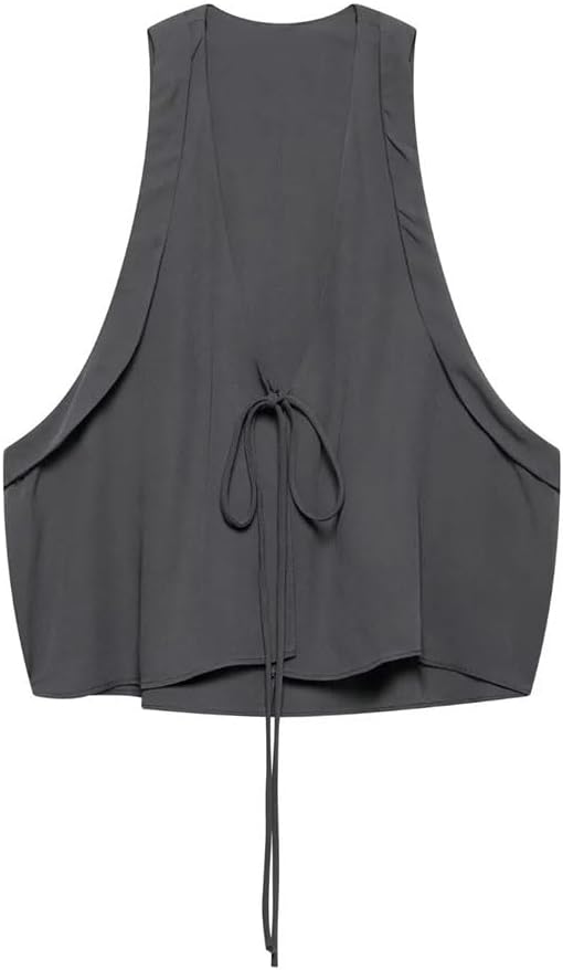 Women's Lace-Up Short Slim V-Neck Solid Color Loose Hem Top