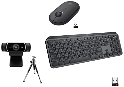 Image of Logitech MX Keys Advanced Illuminated Wireless Keyboard, Bluetooth, Tactile Responsive Typing, Backlit Keys, USB-C - Graphite Black & M350 Wireless Mouse - Graphite & C922 Pro Stream Webcam - Black