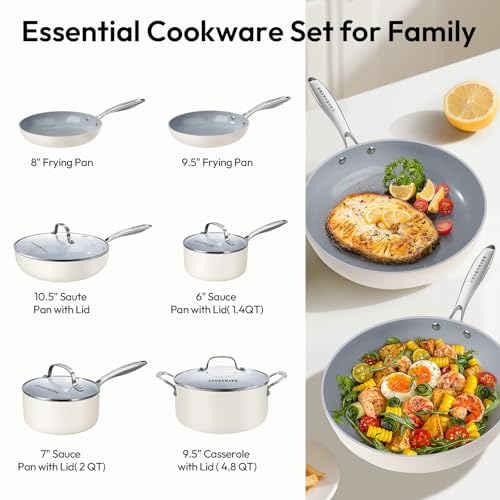 10-Piece Ceramic Nonstick Cookware Set - PFOA-Free Pots and Pans with Glass Lids, Healthy Cooking Easy Clean, Induction Compatible & Oven Safe, Includes Frying Pan, Saucepan, Stockpot - Cream White by COOKSMARK - Image 2