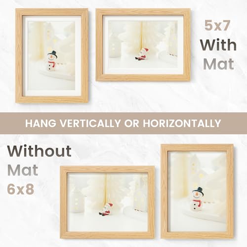 Image of 6x8 Picture Frame, USA-Sourced Natural Oak Wood Photo Collage Frame with HD Tempered Glass, Modern Simple 6 x 8 Wooden Frame Matted to 5x7, Gallery Wall Frames for Art, Wall or Tabletop Display