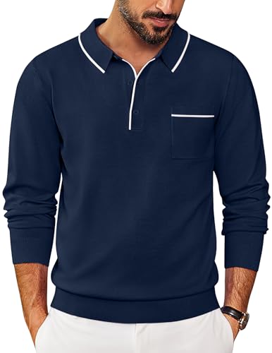 COOFANDY Mens Knit Polo Long Sleeve Collared Sweater Polo Business Casual Polos with Pocket
