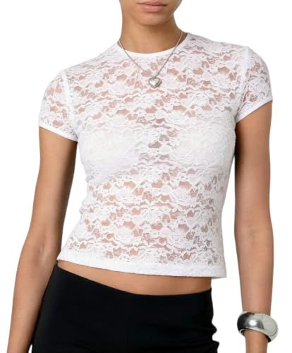 Seyumixi Women Sheer Lace Crop Top Short Sleeve Crew Neck Slim Fit Shirt See Through Mesh Lace Layering Going Out Tops (White, M)