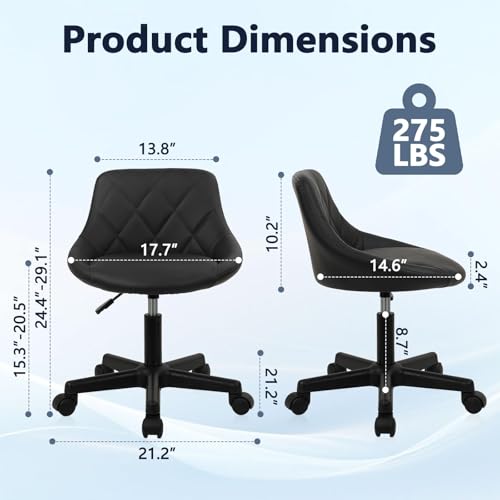 Image of KLASIKA Black Low Back Rolling Stool PU Leather Vanity Stools, Adjustable Height Ergonomic Swivel Rolling Desk Stool Work Office Swivel Chair, Makeup Salon Spa Stools