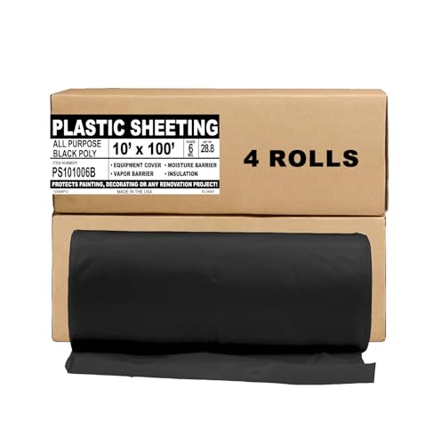 Aluf Plastics Sheeting - 4 Rolls of 10' x 100', 6 MIL Black Heavy Duty Gauge - Vapor and Moisture Barrier Sheet Tarp/Drop Cloth for Painting, Furniture Covers, Carpet Cover, Floor, Paint