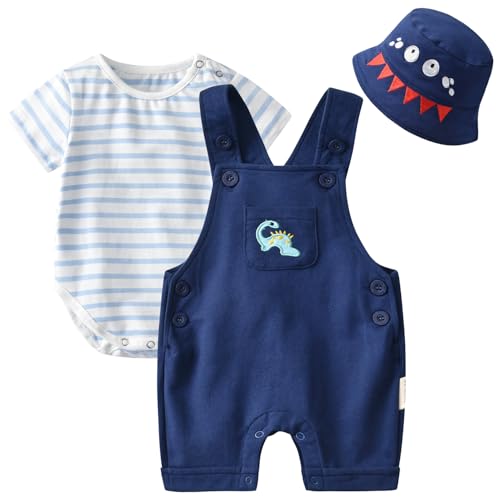 Image of Volunboy Baby Boy Summer Overalls Shorts Set Short Sleeve Dinosaur T-shirt Hat 3 Piece Romper Suspender Bodysuits Clothes