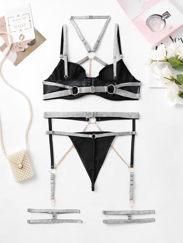 Image of Lilosy Sexy Pu Leather Strappy Underwire Garter Belt Lingerie Set