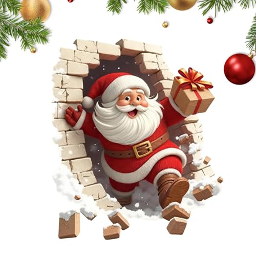 Santa Claus Wall Sticker, Christmas Self-Adhesive Wall Decal with 3D Santa Breaking Through The Walls Effect Christmas Walls Decoration Party Decoration for Home, Living Room, Bedroom, Bathroom