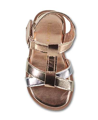Image of Lucky Brand Girl's Evie Sandal - T Strap Strapped Leatherette Metallic Sandals (Little Kid)