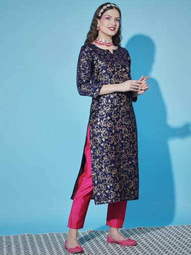 Image of VredeVogel Women's Cotton Silk Jacquard Kurta Pant Set with Banarasi Woven Self Designed Dupatta