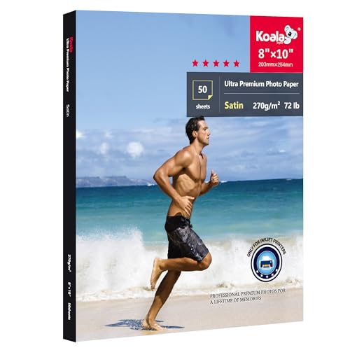 Koala Ultra Premium Photo Paper 8 x 10 In Satin Photo Printer Paper for Inkjet Printer Water-Resistant Semi Gloss 50 Sheets 72lb
