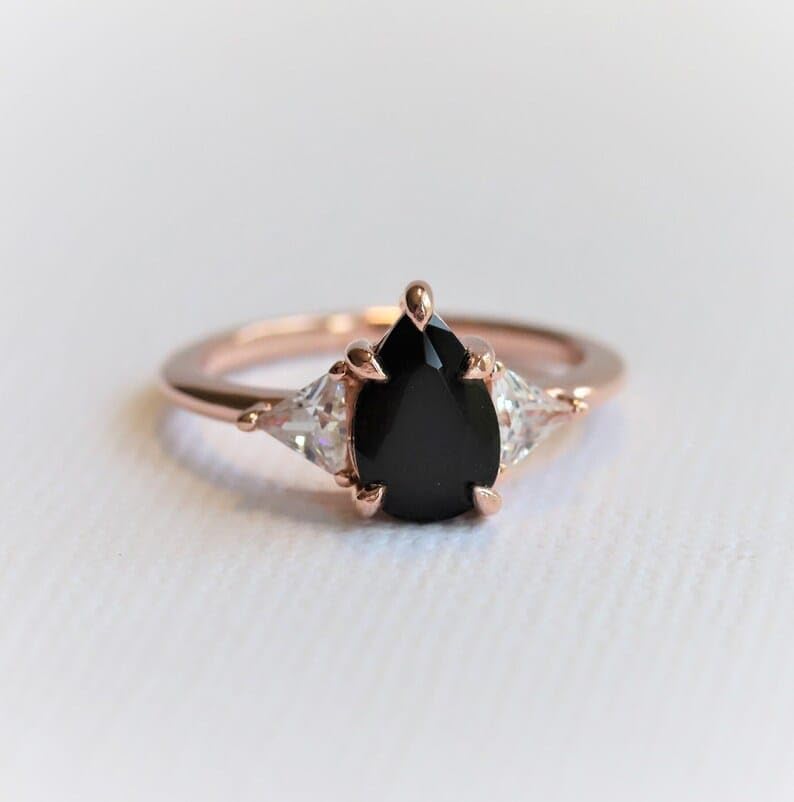 1 ct. Pear Onyx & Triangle Moissanite Ring, 14k Gold Pear Black Onyx Ring, Black Gem Side Stone Rings - GJH1764