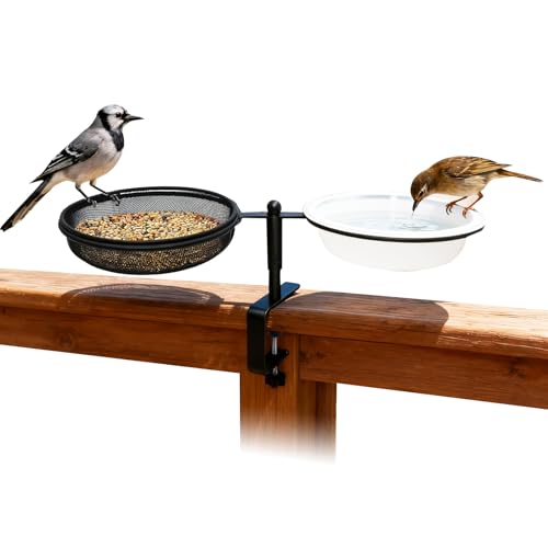 Bird Feeder for Apartment Balcony,Balcony Bird Feeder with Food Tray and Water Bowl,Detachable and Adjustable Heavy Duty Sturdy Steel,Rounded