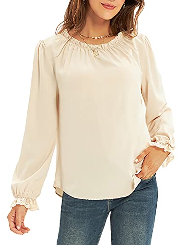 Women's Chiffon Blouses Lace Casual Loose Flounce Long Sleeve Tops Shirts Vaction Dressy Fit Solid Apricot L #TOP1
