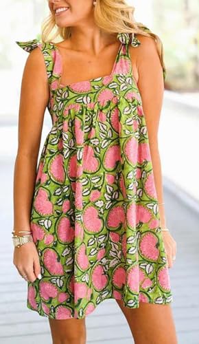Image of Women Floral Tie Shoulder Mini Dress Cute Square Neck Loose Fit Beach Short Dress Backless Boho Vocation Sundress