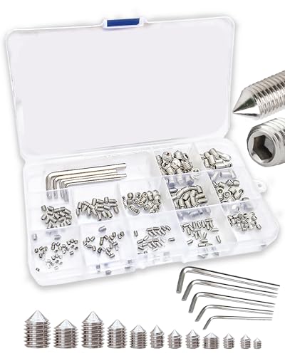 FIXXELY Grub Screws Assorted Set of 240 (M3 M4 M5 M6 M8) Cone Point & Hex Head with 5 Allen Key (M1.5 M2 M2.5 M3 M4) - 304 Stainless Steel Assorted Sizes Ideal for Door Handle Home Repairs & Fixtures