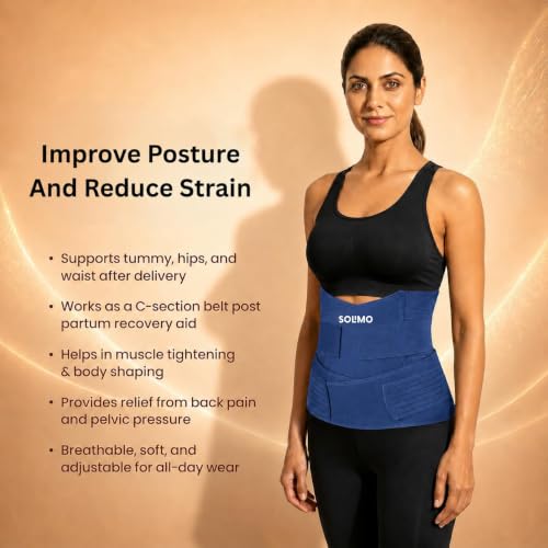 Image of Amazon Brand - Solimo 3-In-1 Postpartum Belly Band Post Pregnancy Abdominal Belt After Delivery Waist & Pelvis Slimming Shapewear Tummy Reduction (Free Size) (Navy Blue)