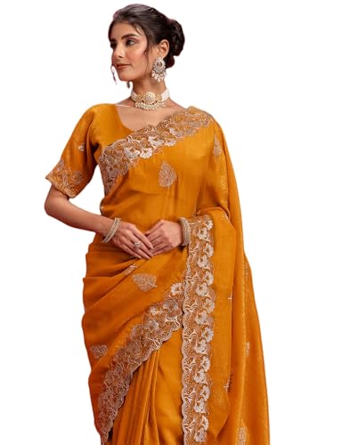 Image of SIRIL Women's Shimmer Chiffon Sequence Embroidery Saree With Unstitched Blouse Piece for Wedding and Parties
