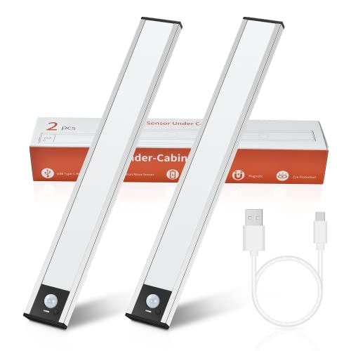 aceyoon Under Cabinet Light, 2 Pack 58 LED Rechargeable Motion Sensor Light, 3 Color Stepless Dimmer Light, Magnetic Under Counter Lighting Stick-on Wardrobe Light for RV, Cupboard, Garage, Stair
