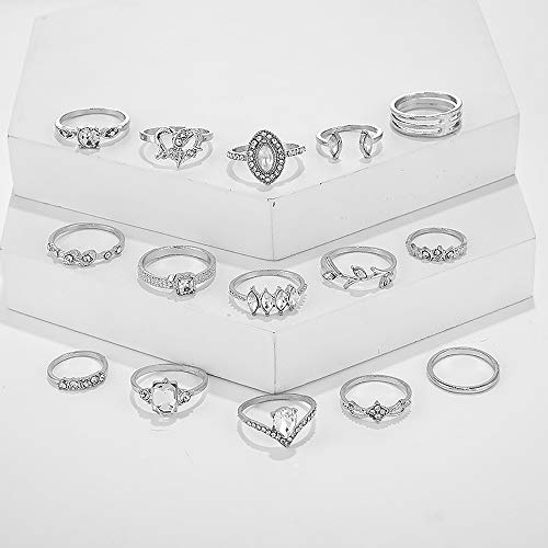 15 Piece Vintage Rhinestone Knuckle Ring Sets.silver Leaf Pattern Crystal Stackable Ring Joint Nail Ring Midi Finger Ring For Women Girl (Silver) #TOP5