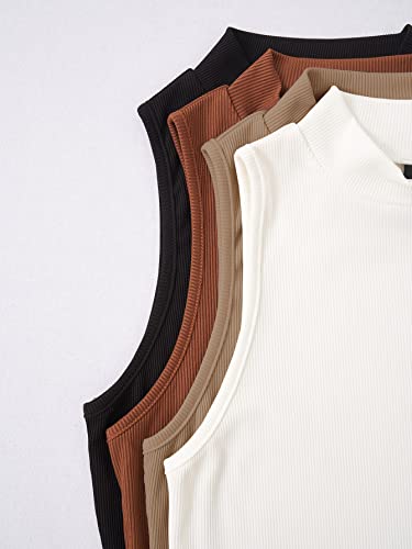 Shein Women's 4 Piece Mock Neck Crop Top Basic Sleeveless Ribbed Knit Cami Crop Tank Tops Large Black Brown Khaki White #TOP2