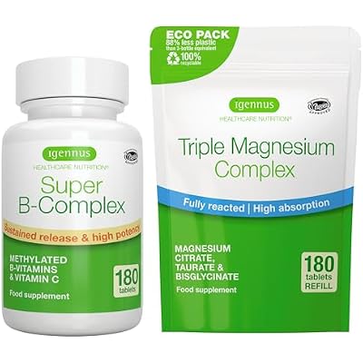 Super B-Complex 180 Tablets + Triple Magnesium Complex 180 Tablets Vegan Bundle, Methylated Sustained Release B Complex + High Absorption Chelated Magnesium Glycinate, Taurate & Citrate, by Igennus