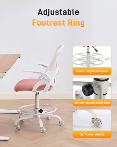 Image of LukkDys Drafting Chair with 4D Multi-Adjustable Backrest, Tall Office Chair 19.7 inch-27.6 inch Seat Height, Ergonomic Standing Desk Chair with Flip-up Arms, Foot Ring, Pink&White