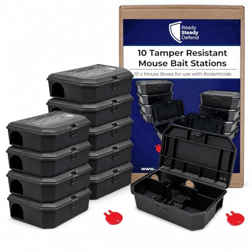 READY STEADY DEFEND Tamper-Resistant Mouse Bait Stations Pack of 10 Empty Safe & Secure Rodent Boxes for Blocks & Pasta Bait. Effective Indoor Mouse Control