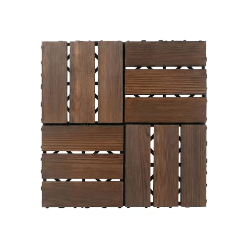 Lauft 10x Dark Brown Carbonized Solid Pine Wood Deck Tiles, 12-Slat, 30×30cm Interlocking Flooring, Durable & Anti-Slip, Natural Wooden Tiles, Smooth & Safe Edges, Easy DIY for Outdoor Living Spaces