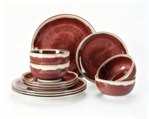 Image of Sweejar 12 Pieces Ceramic Dinnerware Sets for 4, Burgundy Red | Gradient Glaze Plates and Bowls Set, Microwave & Dishwasher Safe, Stackable Dish Set, Scratch Resistant Dishware Sets