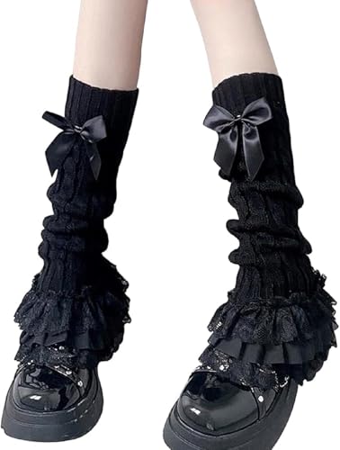 SQYZRZ Women's Knit Leg Warmers Y2K Knit Leg Warmers Lolita Bow Lace Trim Knee-High Leg Sleeve Socks (Black,One size)