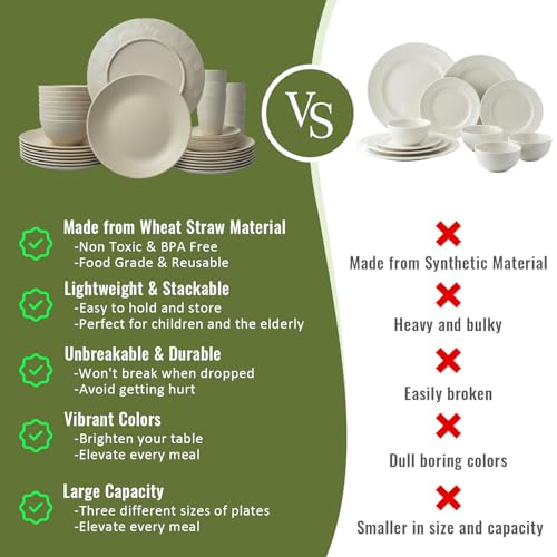 Image of Dinnerware Sets 40 PCS Wheat Straw Plates and Bowls Sets With Cups Service for 8 Microwave Safe Dishes for Kitchen Lightweight Dish Set for RV Outdoor Activities Travel - Beige Colors