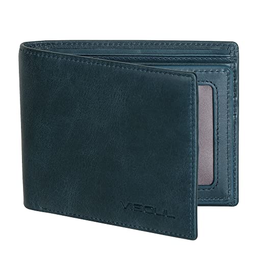 VISOUL Mens Bifold Leather RFID Blocking Wallet with 2 ID Windows, Soft Genuine Leather Card Holder Wallet with 2 Cash Compartments for Men (Dark Blue)