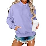 2025 Sweat à Capuche Femme avec Poches   Sweatshirt à Manches Longues Couleur Unie Doux et Confortable Pulls Ado Fille Casual Y2k Hoodie Sportswear,Violet Clair,L,f433r