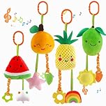 KAKIBLIN Baby Hanging Rattle Toys, 4 Pack Car Seat Stroller Baby Toys Soft Squeaky Toy for Babies Newborn Infant Car Bed Crib Travel Activity, Pineapple and Orange