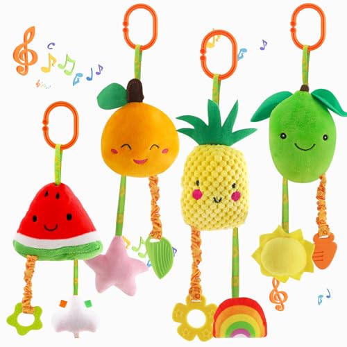Image of KAKIBLIN Baby Hanging Rattle Toys, 4 Pack Car Seat Stroller Toys Soft Squeaky Toys for Baby Newborn Infant Car Bed Crib Travel Activity, Fruits-A