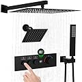 Enga Dual Head Shower System, 12" + 6" Dual Rain Shower System (Can All Run Together & Flow Adjustable), Temperature-Display Push-button Valve Thermostatic Shower Faucet Set, Matte Black