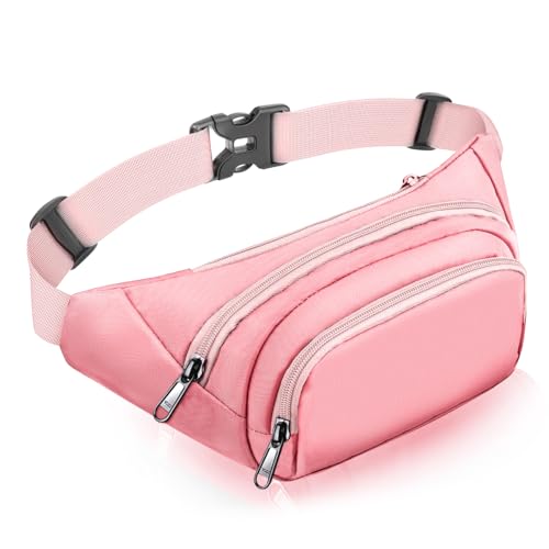 Bumbags Fanny Packs for Women Men,Large Capacity Waist Pack 3 Pockets - Waterproof Expandable Running Belt Fits MAX 7.9'' iPad & 6.6'' Phone -Gift Bum Bag for Sport Travel Hiking Cycling (Light Pink)