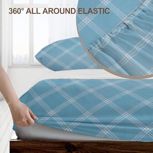 Image of RD TREND Waterproof Fitted Bedsheet for Queen Size Bed (78x60x8 Inches) | Ultra-Soft Glace Cotton Elastic Sheet with 2 Pillow Covers (18x28 Inches) (Blue Check)