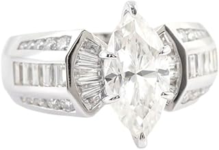 DINESH STORES Classic Marquise Diamond Engagement Ring, Baguette Side Stones, 925 Sterling Silver, 14K White Gold Plated, Sizes 4-13, Anniversary Ring